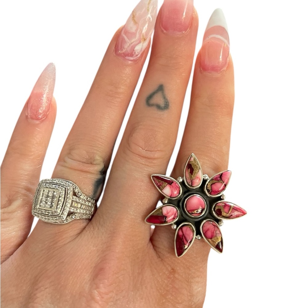 Red Dahlia turquoise Floral Sterling  Silver Ring